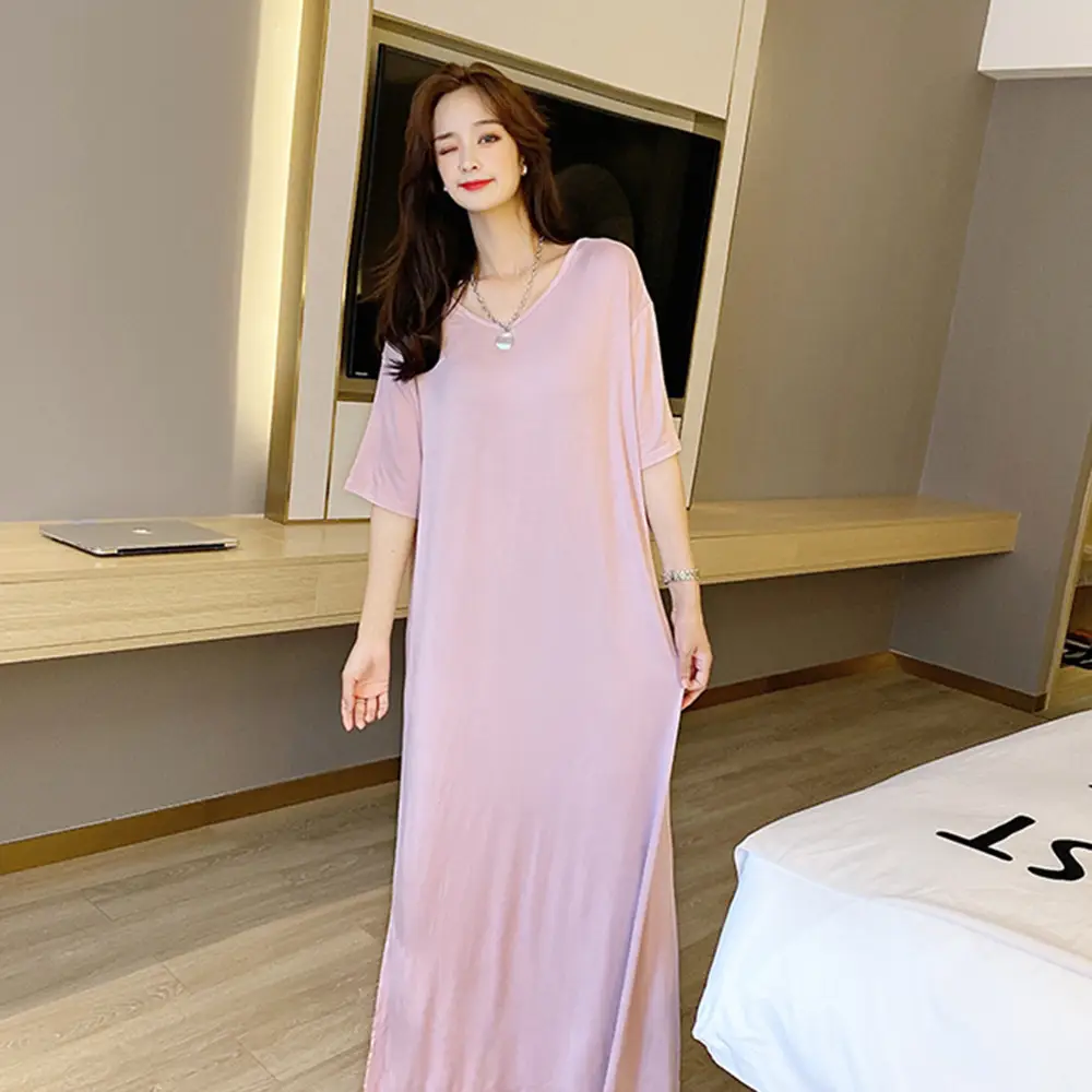Plus Size V-Neck Pajama Dress Light Pink Loose Fit