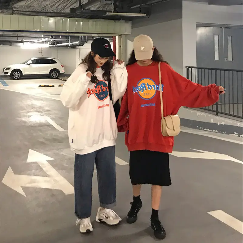 Women 2025 Sweatshirt Set Red Cream Loose Fit Harajuku Style - Image 5