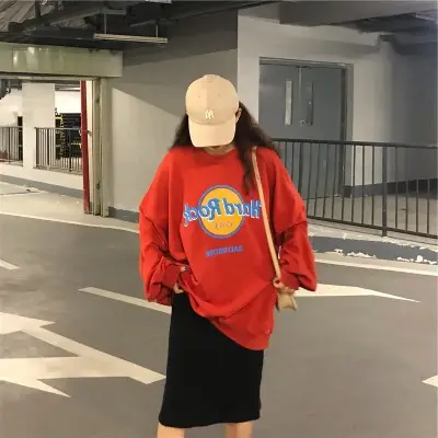 Women 2025 Sweatshirt Set Red Cream Loose Fit Harajuku Style - Image 3