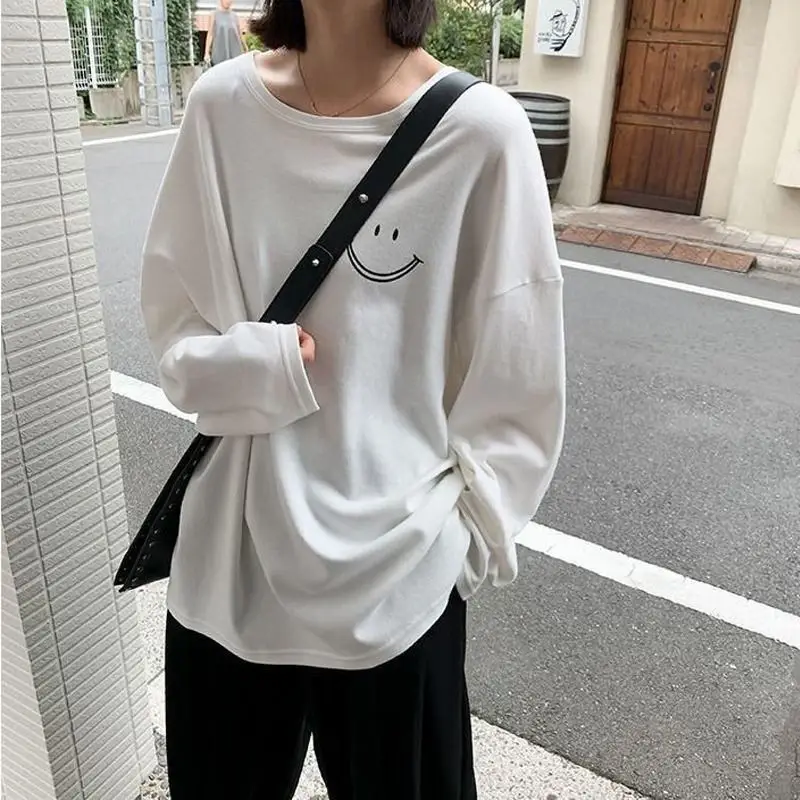 Women Smiley Face Long Sleeve T-Shirt White