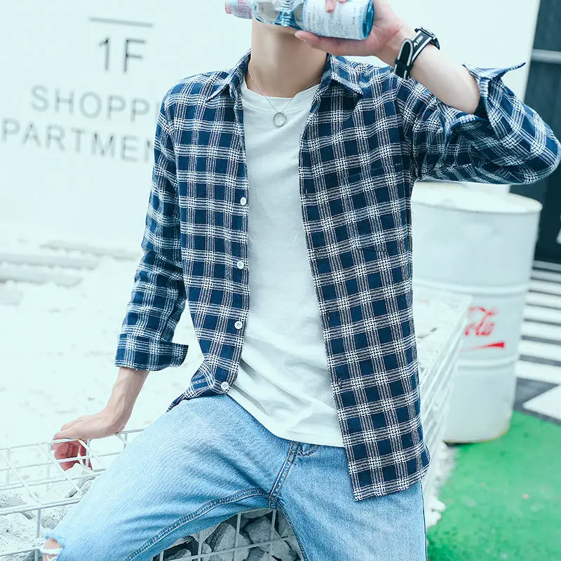 2020 Men Plaid Long Sleeve Shirt Slim Fit
