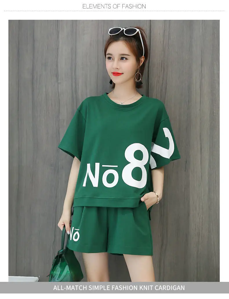 Women Green No8 Print Casual Shorts Set 2021 — feature 13