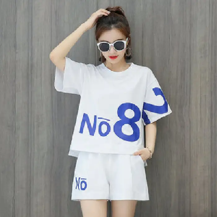 Women Green No8 Print Casual Shorts Set 2021 - Image 3