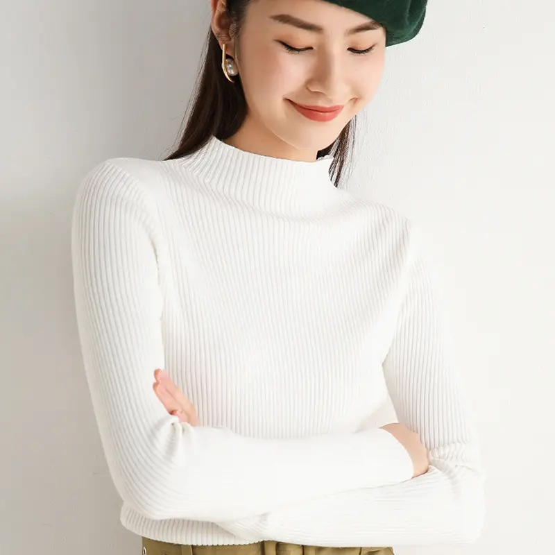 Women's 2020 Sweater Top Half-Turtleneck Knitted Beige - Image 13