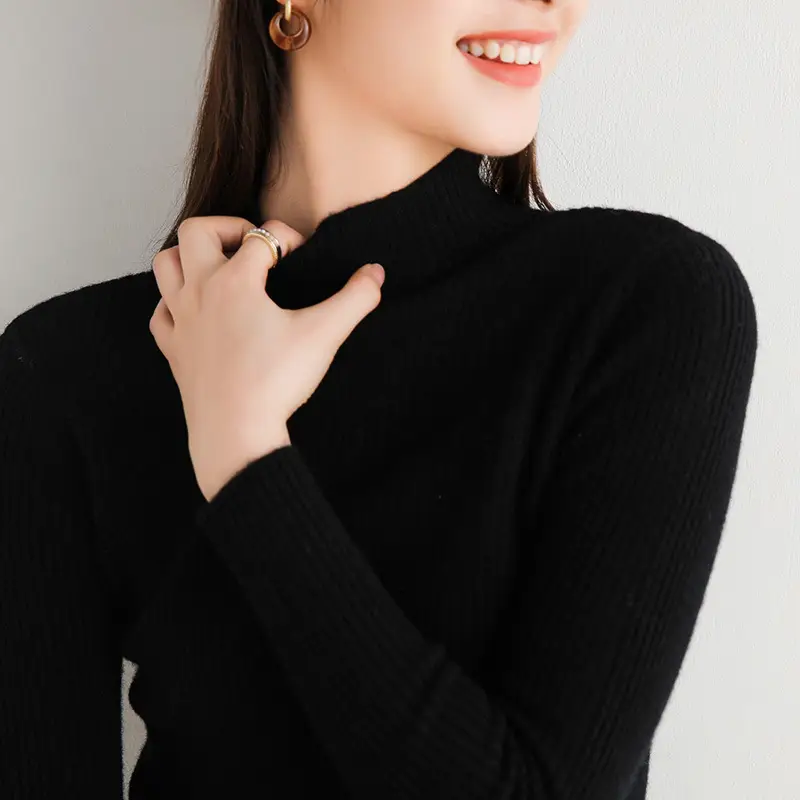 Women's 2020 Sweater Top Half-Turtleneck Knitted Beige - Image 3