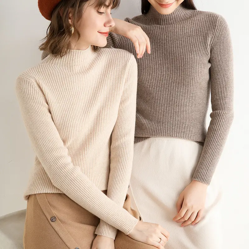 Women's 2020 Sweater Top Half-Turtleneck Knitted Beige - Image 4