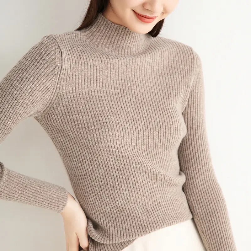 Women's 2020 Sweater Top Half-Turtleneck Knitted Beige - Image 6