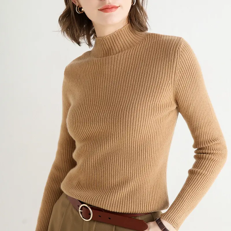 Women's 2020 Sweater Top Half-Turtleneck Knitted Beige - Image 7