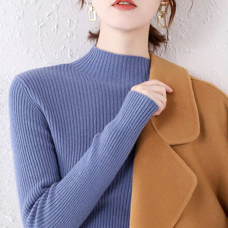 Women's 2020 Sweater Top Half-Turtleneck Knitted Beige - Image 9