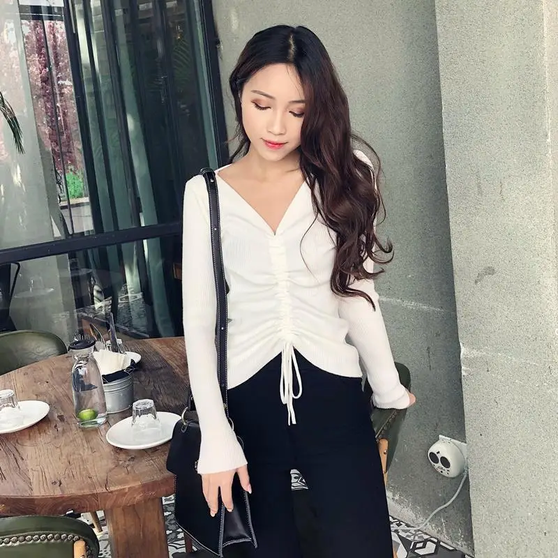 Women's Pink V-Neck Long Sleeve Knit Top with Drawstring - Image 12