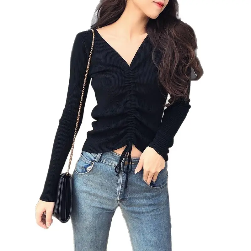 Women's Pink V-Neck Long Sleeve Knit Top with Drawstring - Image 15