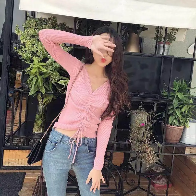Women's Pink V-Neck Long Sleeve Knit Top with Drawstring - Image 3