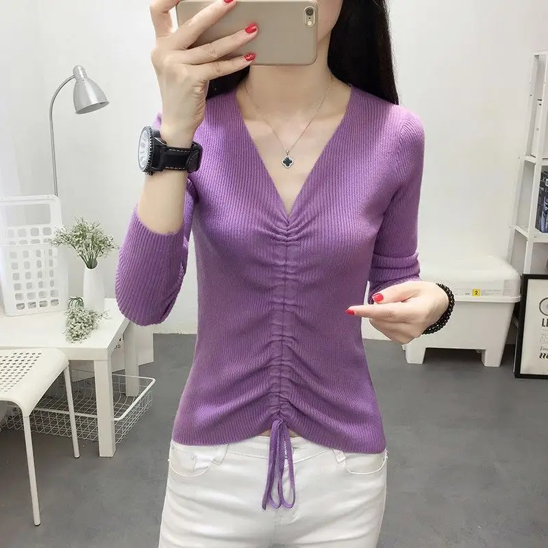 Women's Pink V-Neck Long Sleeve Knit Top with Drawstring - Image 5