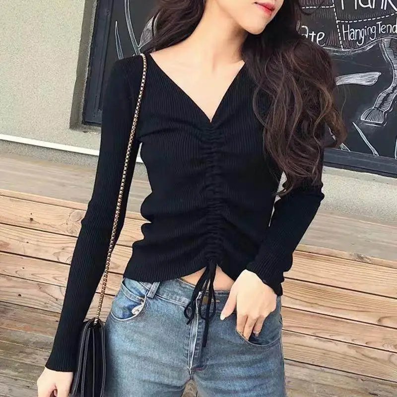 Women's Pink V-Neck Long Sleeve Knit Top with Drawstring - Image 6