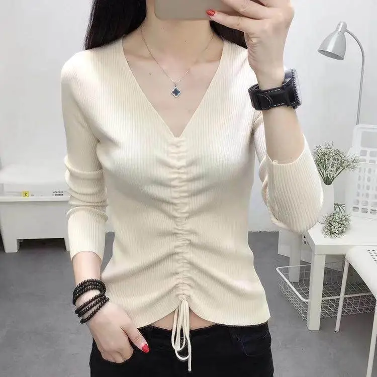 Women's Pink V-Neck Long Sleeve Knit Top with Drawstring - Image 8
