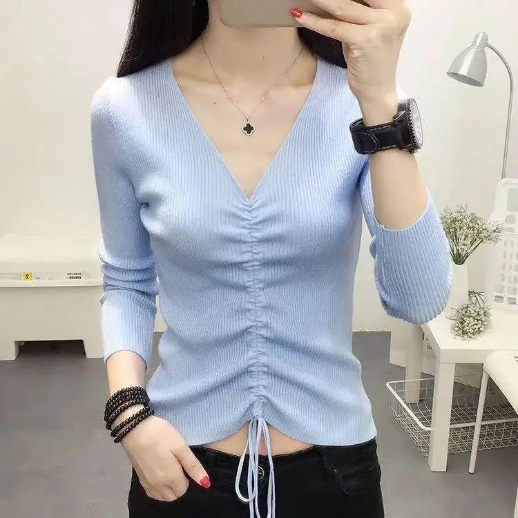 Women's Pink V-Neck Long Sleeve Knit Top with Drawstring - Image 9