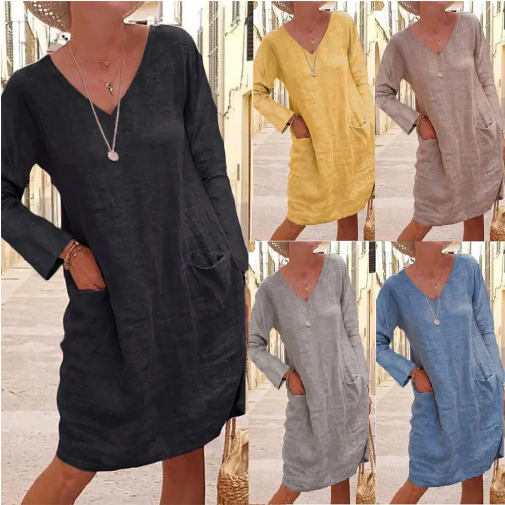 2025 V Neck Cotton Linen Dress for Women Loose Flap Pocket - Image 6