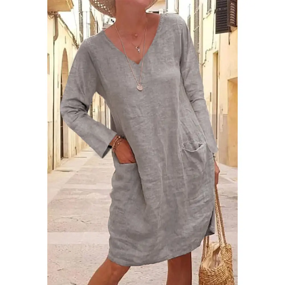 2025 V Neck Cotton Linen Dress for Women Loose Flap Pocket - Image 7