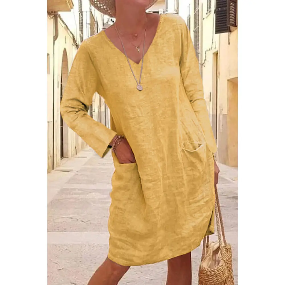 2025 V Neck Cotton Linen Dress for Women Loose Flap Pocket - Image 8