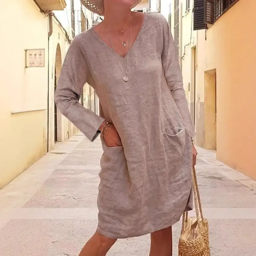 2025 V Neck Cotton Linen Dress for Women Loose Flap Pocket - Image 9