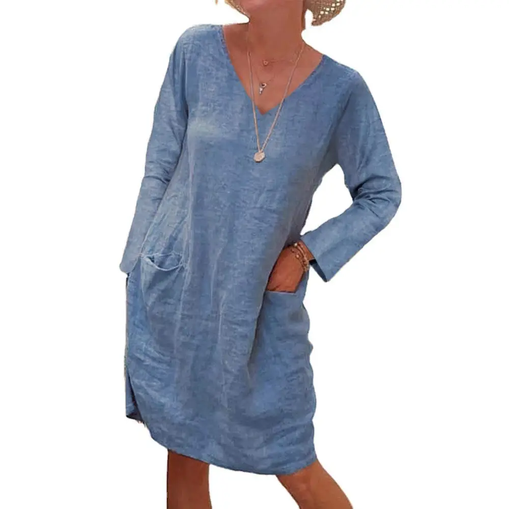 2025 V Neck Cotton Linen Dress for Women Loose Flap Pocket - Image 10