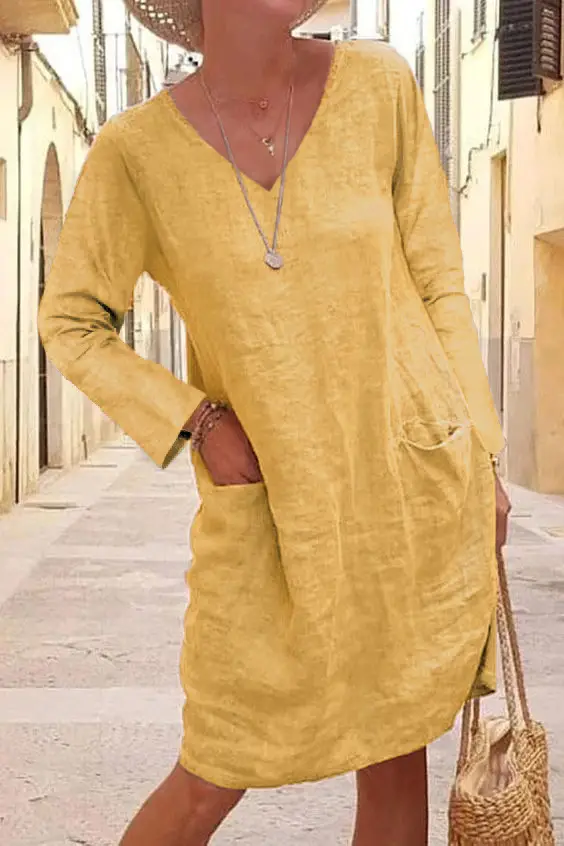 2025 V Neck Cotton Linen Dress for Women Loose Flap Pocket - Image 2