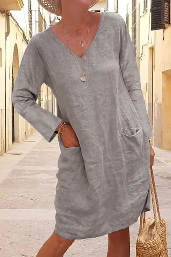 2025 V Neck Cotton Linen Dress for Women Loose Flap Pocket - Image 3