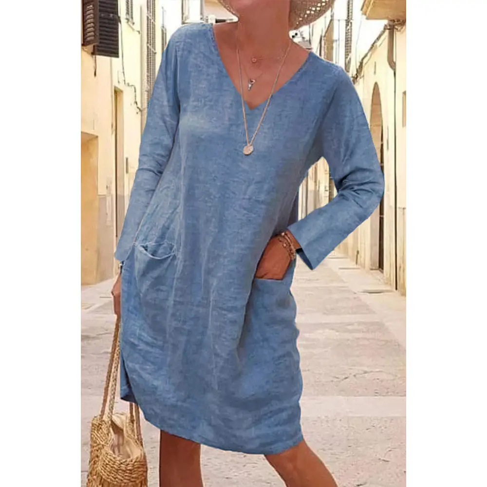 2025 V Neck Cotton Linen Dress for Women Loose Flap Pocket - Image 4