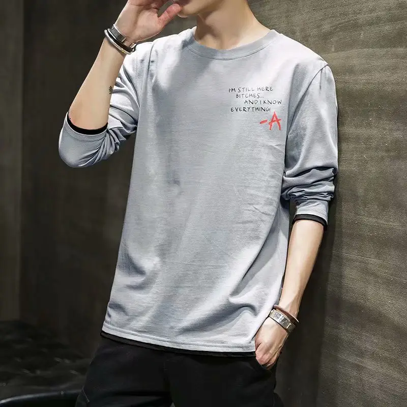 Men Long Sleeve Korean T-Shirt Grey Slim Fit - Image 31