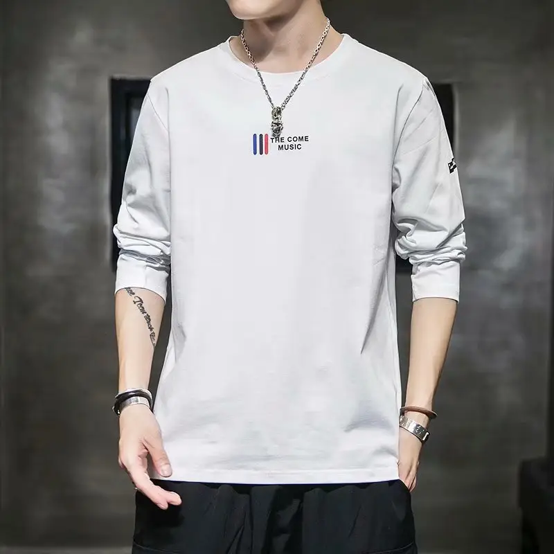 Men Long Sleeve Korean T-Shirt Grey Slim Fit - Image 12