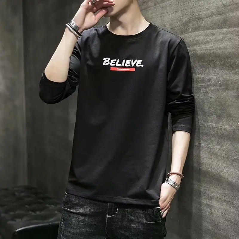 Men Long Sleeve Korean T-Shirt Grey Slim Fit - Image 18