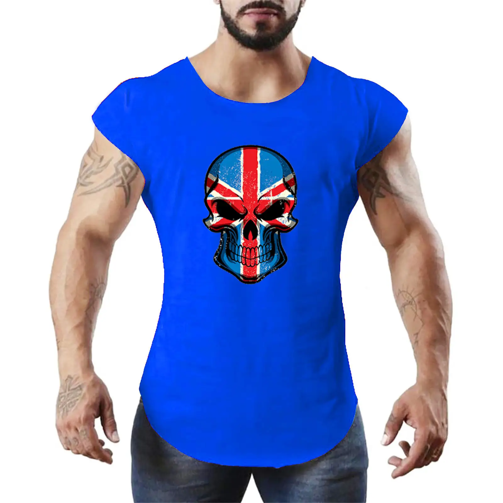 Men Sleeveless Skull Printed Vest Black Gym Sports - Image 3