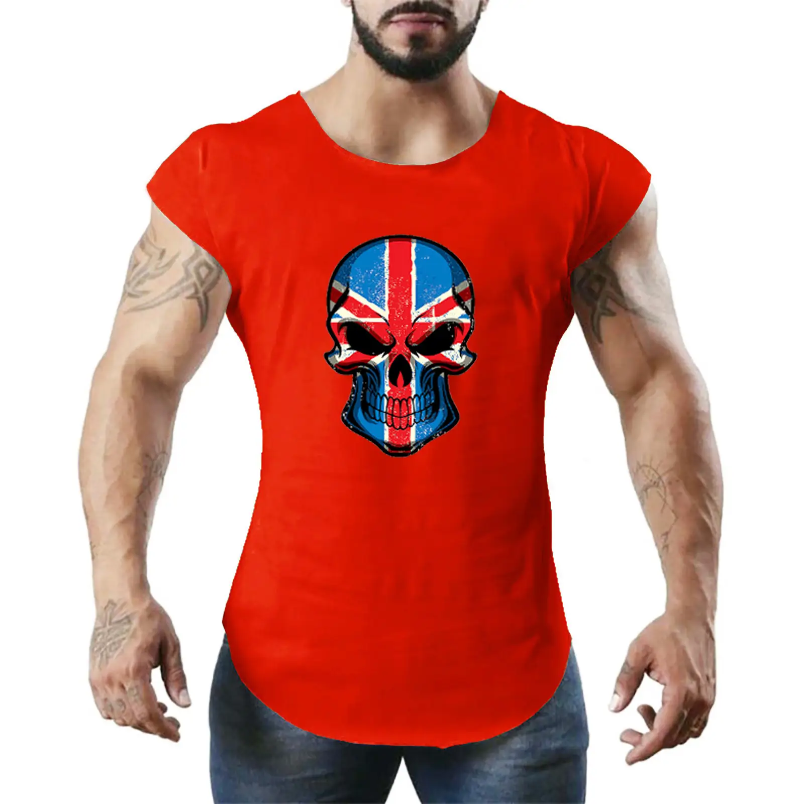 Men Sleeveless Skull Printed Vest Black Gym Sports - Image 2