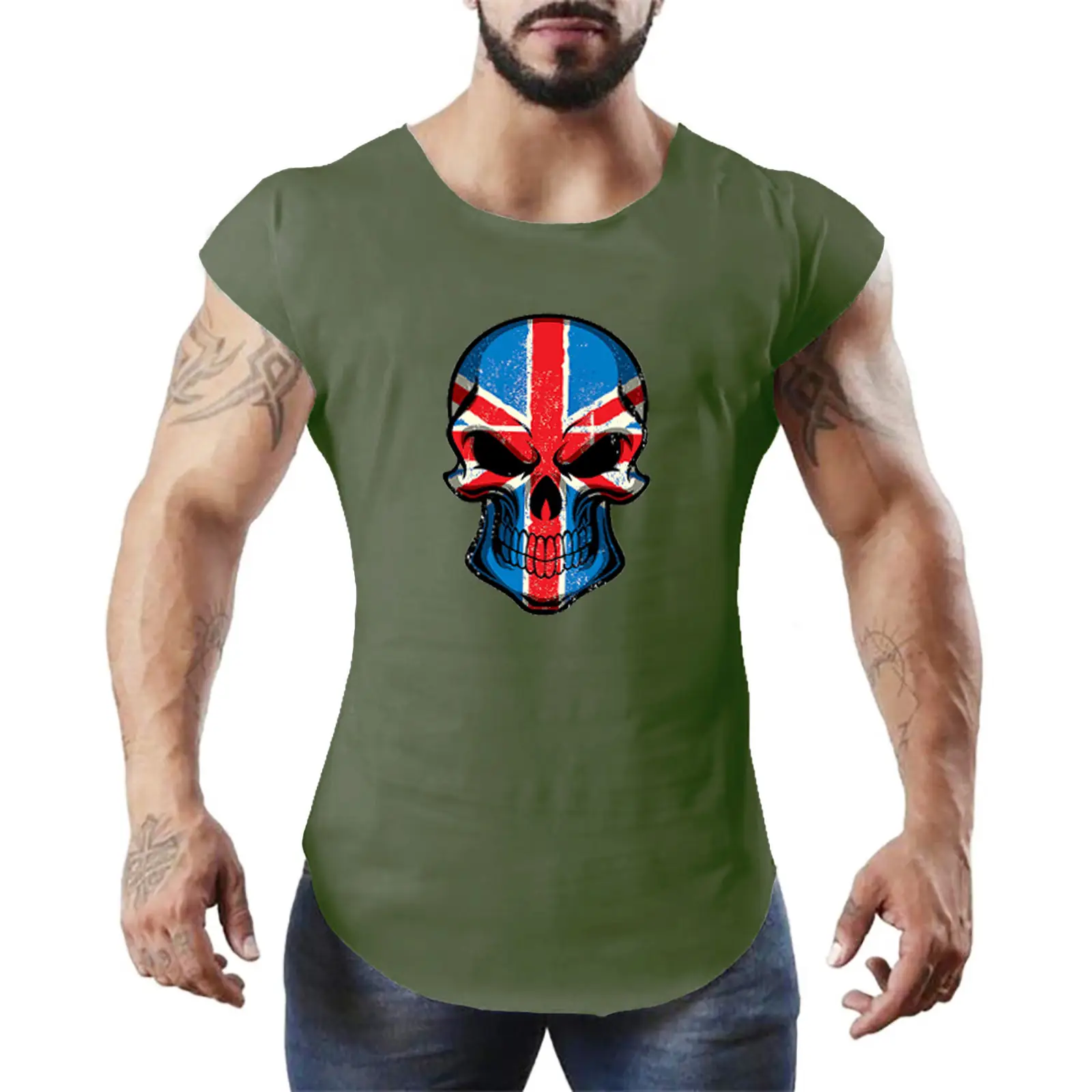 Men Sleeveless Skull Printed Vest Black Gym Sports - Image 4