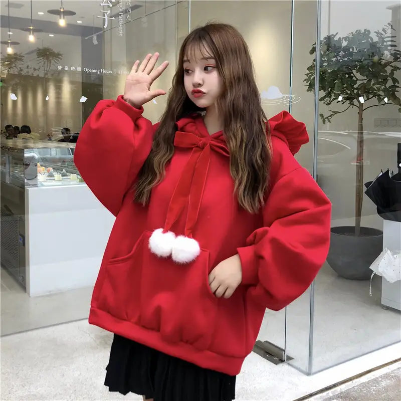 Red Long Sleeve Sweatshirt Women's Winter Hooded Loose Fit