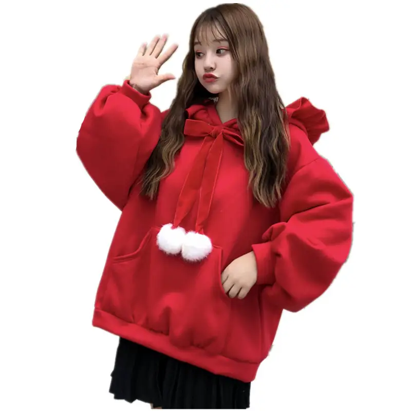 Red Long Sleeve Sweatshirt Women's Winter Hooded Loose Fit