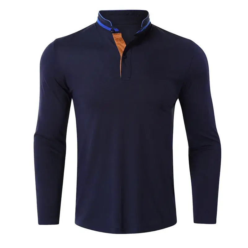 Men Navy Polo Long Sleeve Golf Lapel T-Shirt - Image 4