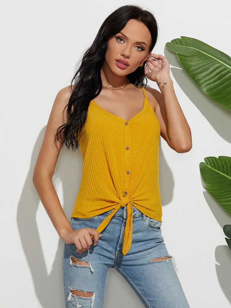 Sexy Knotted V Neck Vest with Breasts & Jeans