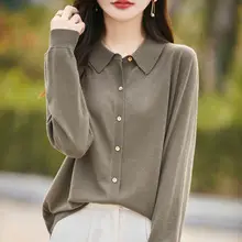 Women Wool Blottom High Collar Slimming Shirt White — feature 16