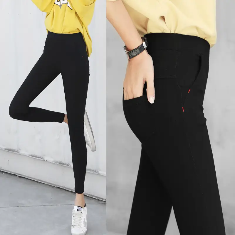Fleece Lined Black Faux Denim Leggings Women High Waist