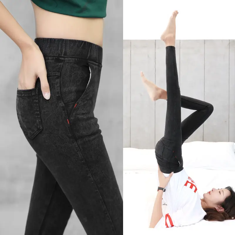 Fleece Lined Black Faux Denim Leggings Women High Waist