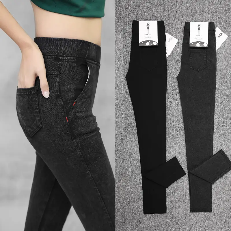 Fleece Lined Black Faux Denim Leggings Women High Waist