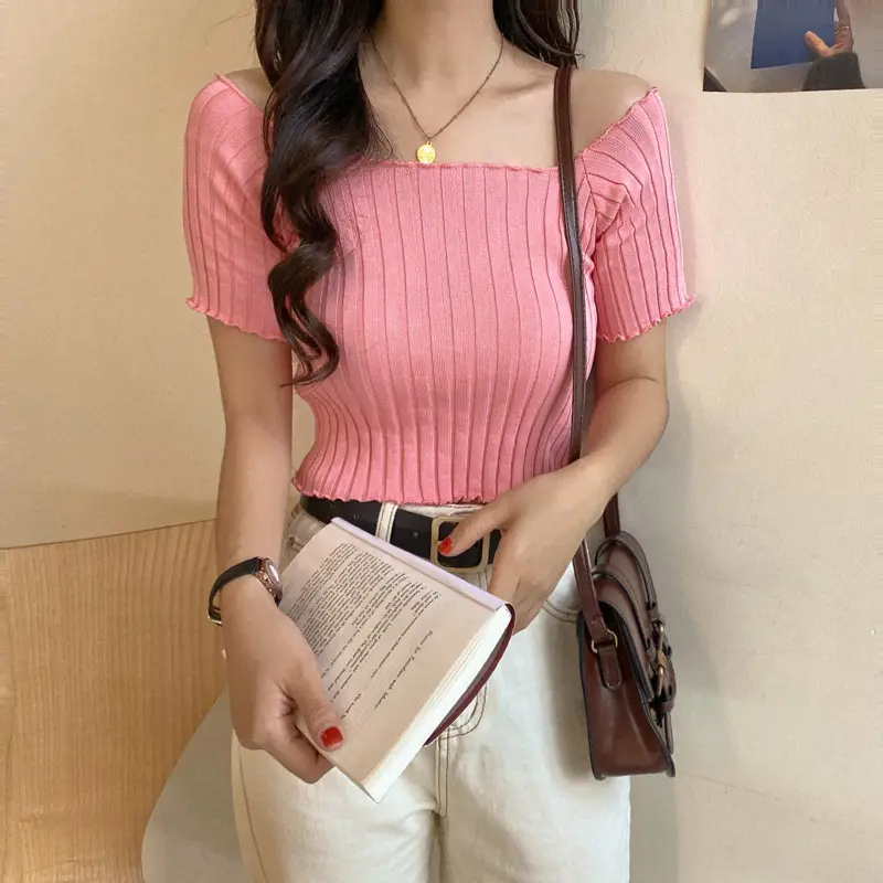 Women's One-Neck Knitted Short Sleeve T-Shirt