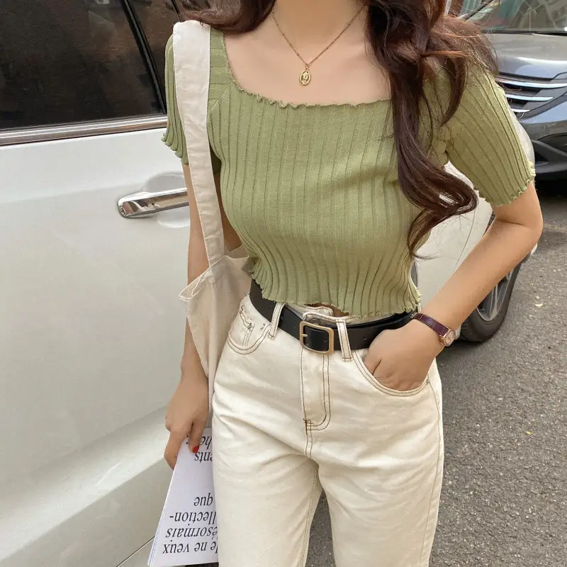 Women's One-Neck Knitted Short Sleeve T-Shirt — feature 12