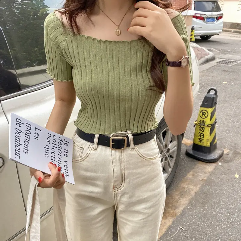 Women's One-Neck Knitted Short Sleeve T-Shirt — feature 13