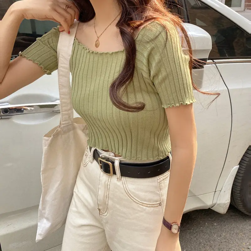 Women's One-Neck Knitted Short Sleeve T-Shirt — feature 15