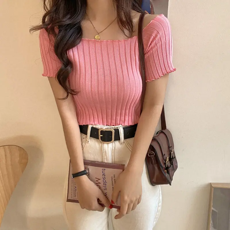 Women's One-Neck Knitted Short Sleeve T-Shirt — feature 2