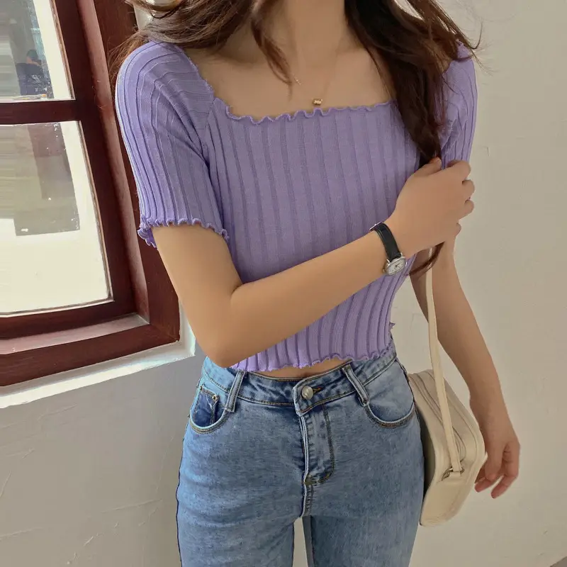 Women's One-Neck Knitted Short Sleeve T-Shirt — feature 8