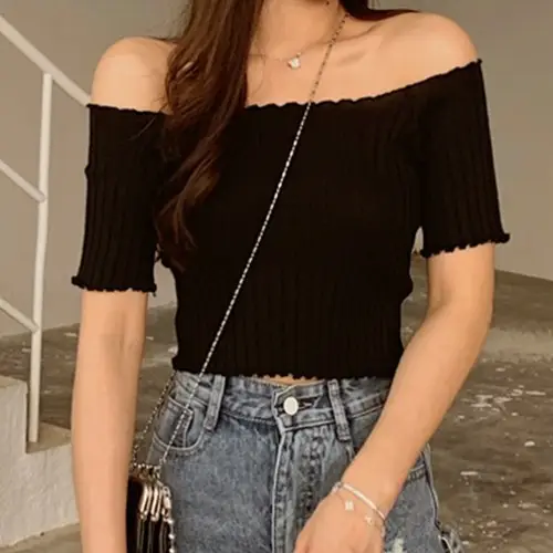 Women's One-Neck Knitted Short Sleeve T-Shirt