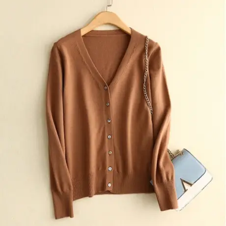 Women V-Neck Knitted Cardigan Brown Long Sleeve - Image 17